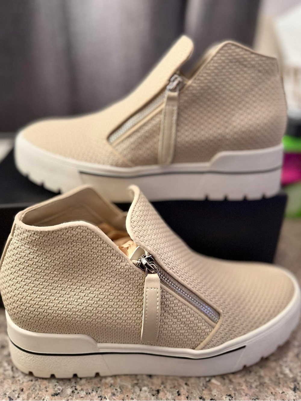 Steve Madden Cream Knit Zip-Front Wedge Sneakers
